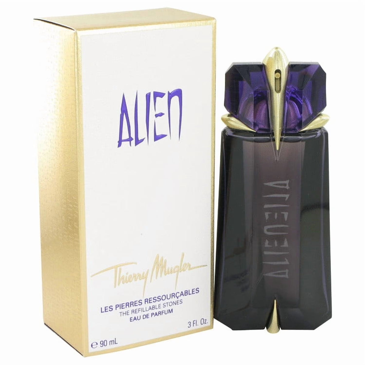 Thierry Mugler Alien perfume bottle and packaging on a white background